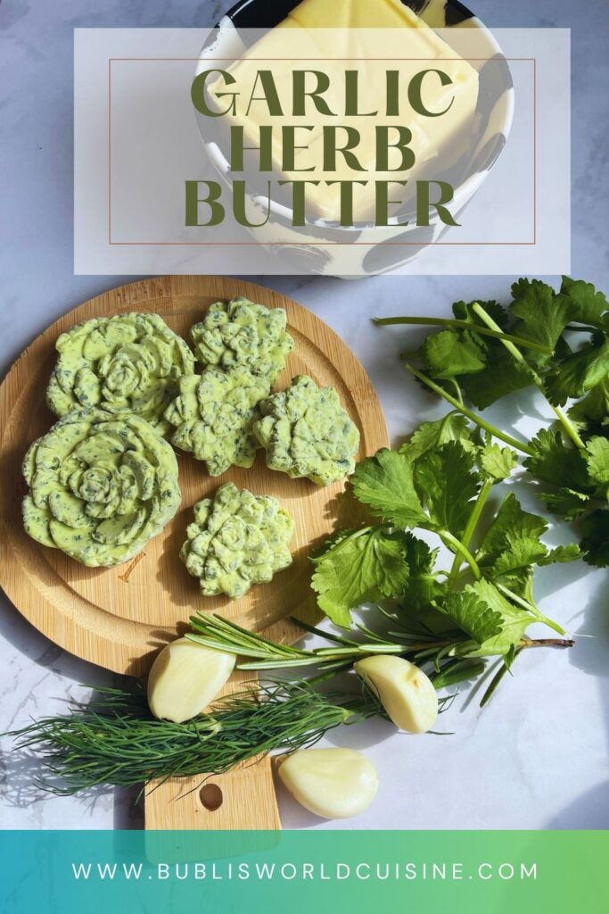 Garlic and herb butter served in a wooden plate with fresh herbs, butter and garlic cloves nearby