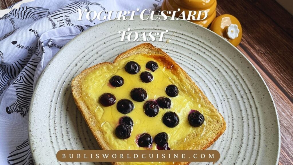 Custard Yogurt Toast with blueberries served in a grey plate