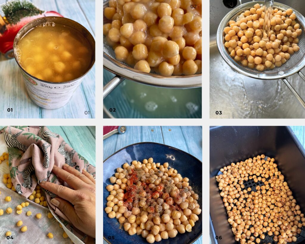 a collage of how to make air fried roasted chickpeas