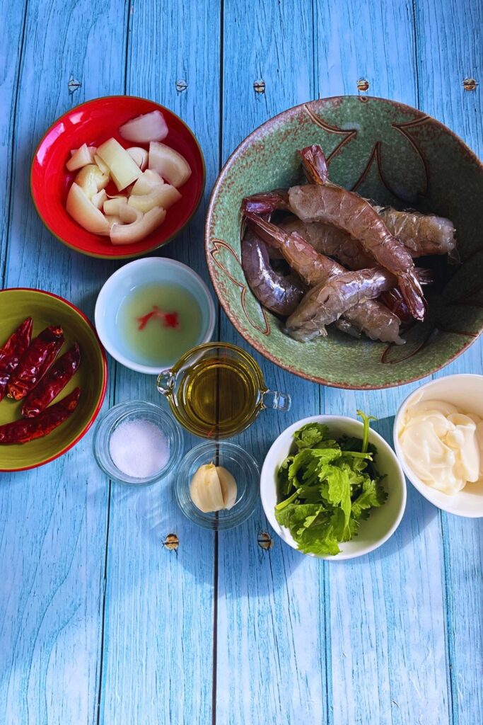 Ingredients for making spicy tiger prawns