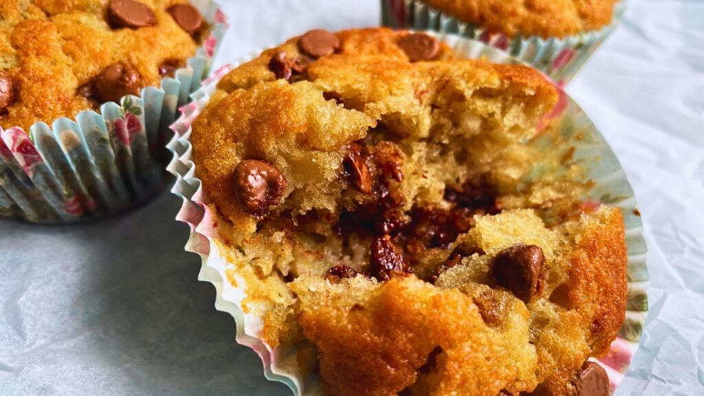 close up shot of a Banana Chocolate Chip Muffins