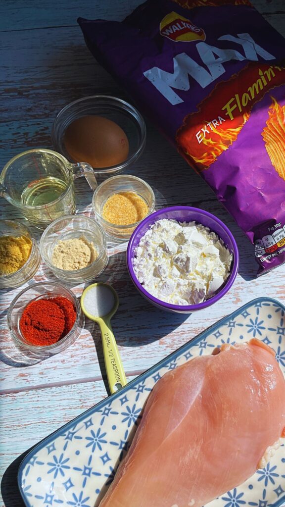 Walkers crispy chicken bites in air fryer Ingredients laid on a table