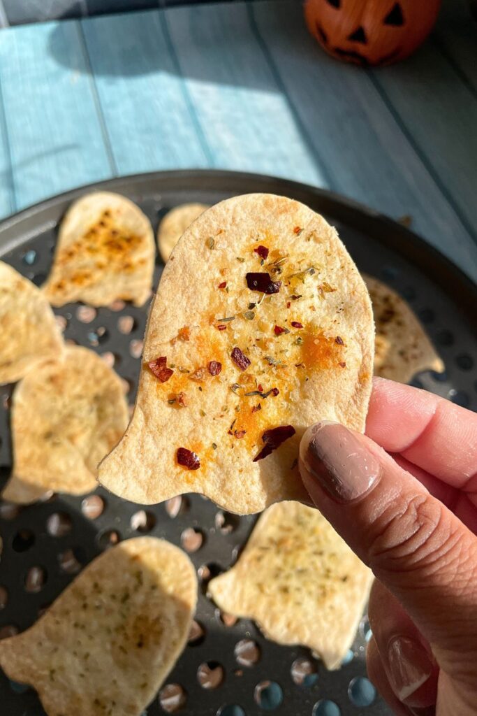 Close up shot of Halloween tortilla ghost chips